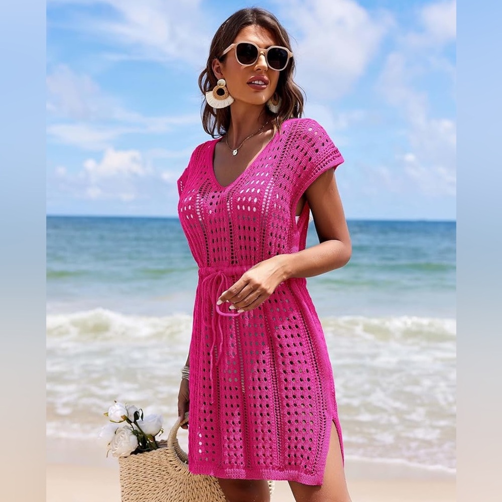 Cupshe - Hot Pink Crochet Cover-Up Mini Dress